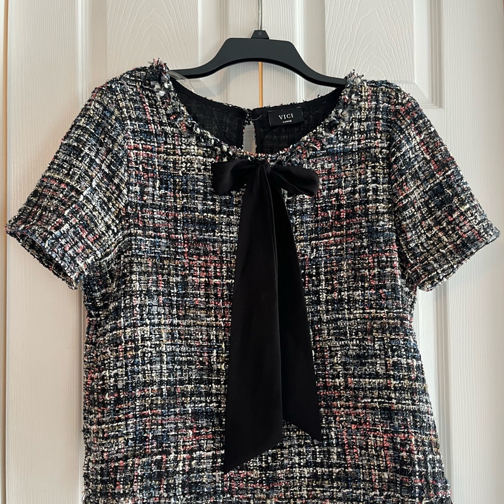 Vici Tweed Blouse with Black Bow